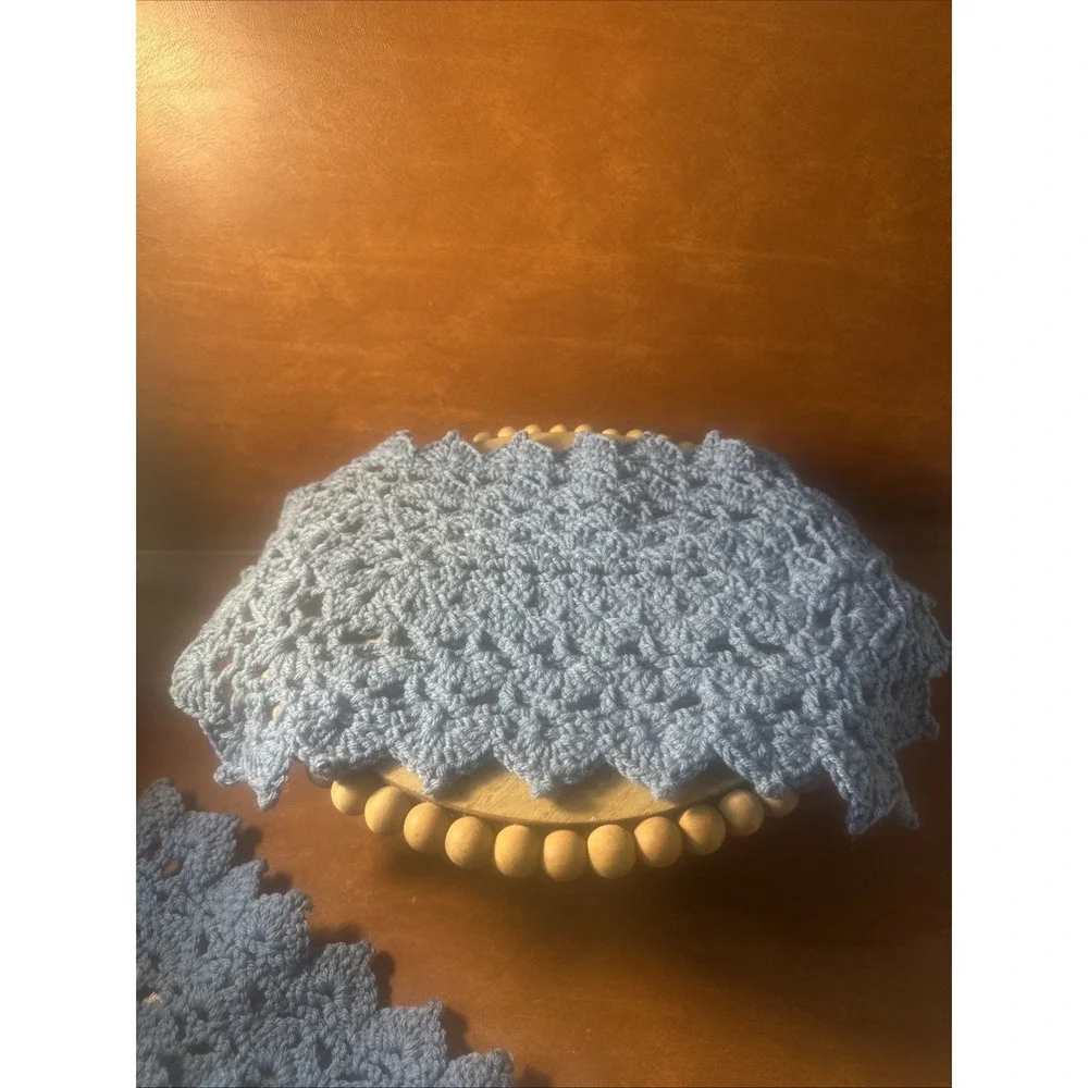 Vintage Handmade Blue Rectangle Crochet Placemats 16X10 Set of 4 w-napkin Rings